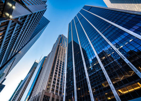 Low angle view of modern skyscrapers in Midtown Manhattan.