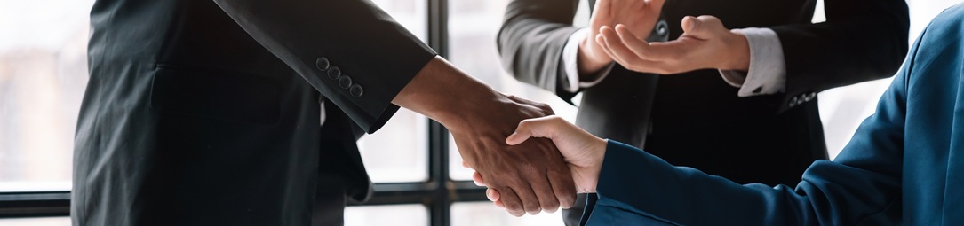 Business people shaking hands, finishing up meeting, business etiquette, congratulation, merger and acquisition concept.